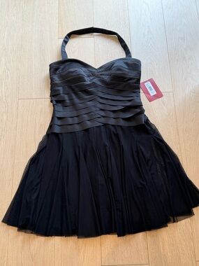 JS Collections Black Halter Cocktail Dress US 14 Satin Tiered Tulle Party